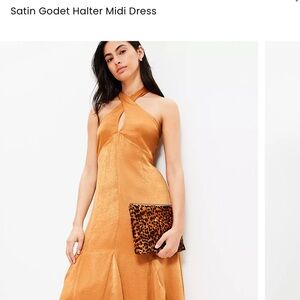 Elegant Satin Halter Midi Dress in Gold